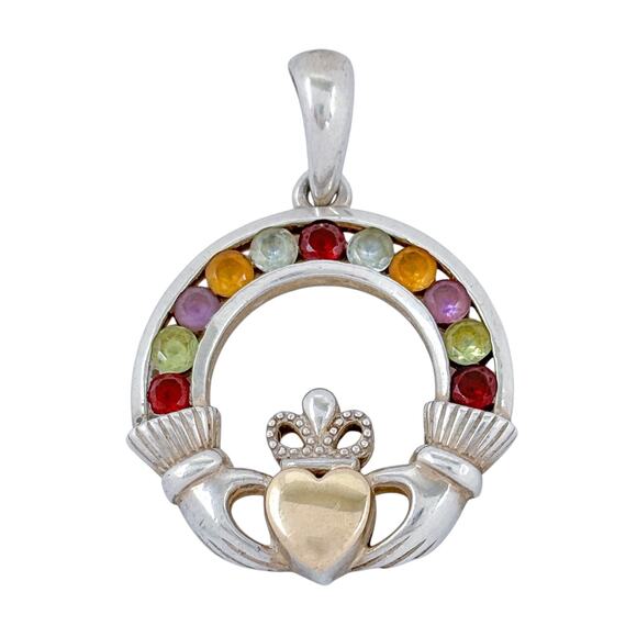 Vintage Irish Claddagh Pendant | Sterling Silver 925 14K Multi Colored Gemstones - Picture 2 of 13